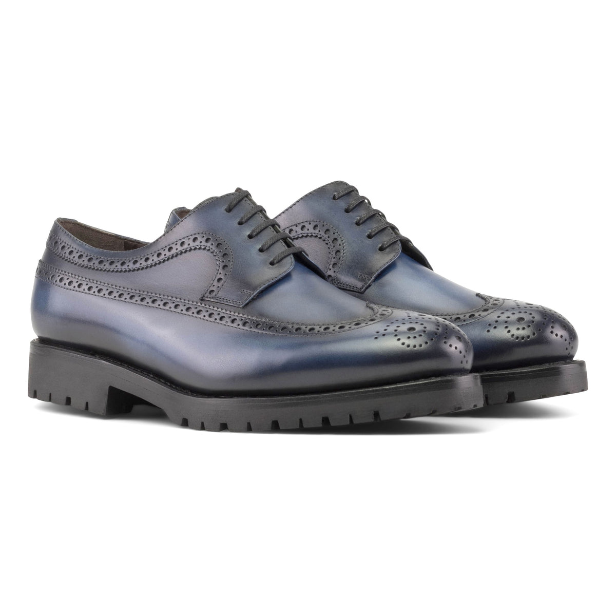 Derby Brogue fleuri en cuir bleu marine - Semelles Commando – vue 1