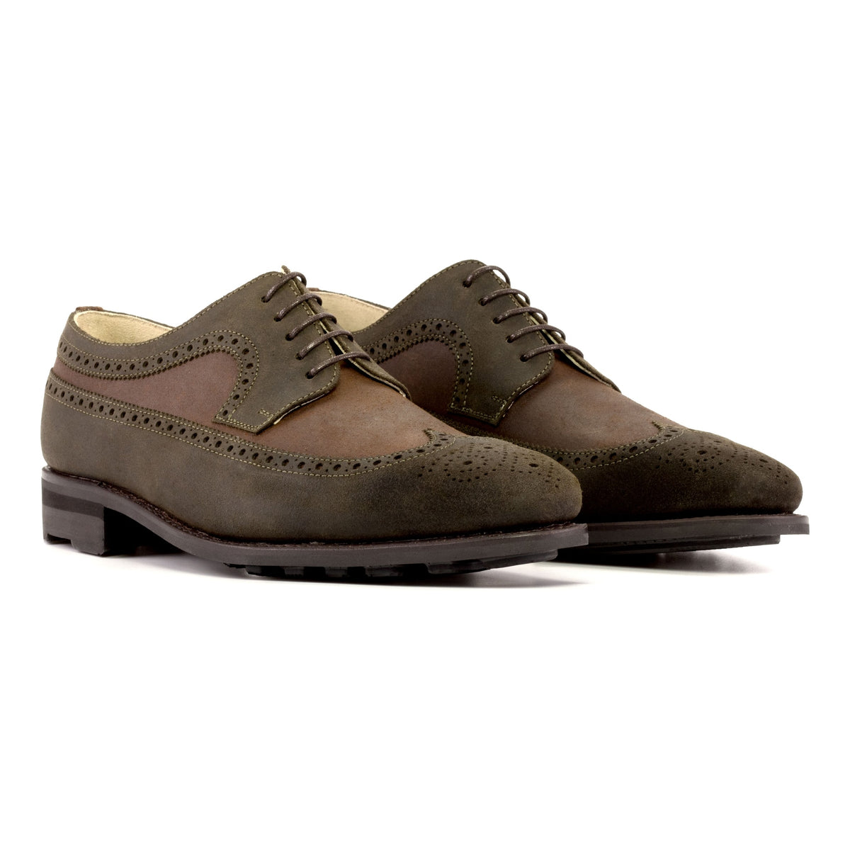 Derby Brogue fleuri en daim gras vert et marron - Semelles Rocky Commando – vue 1