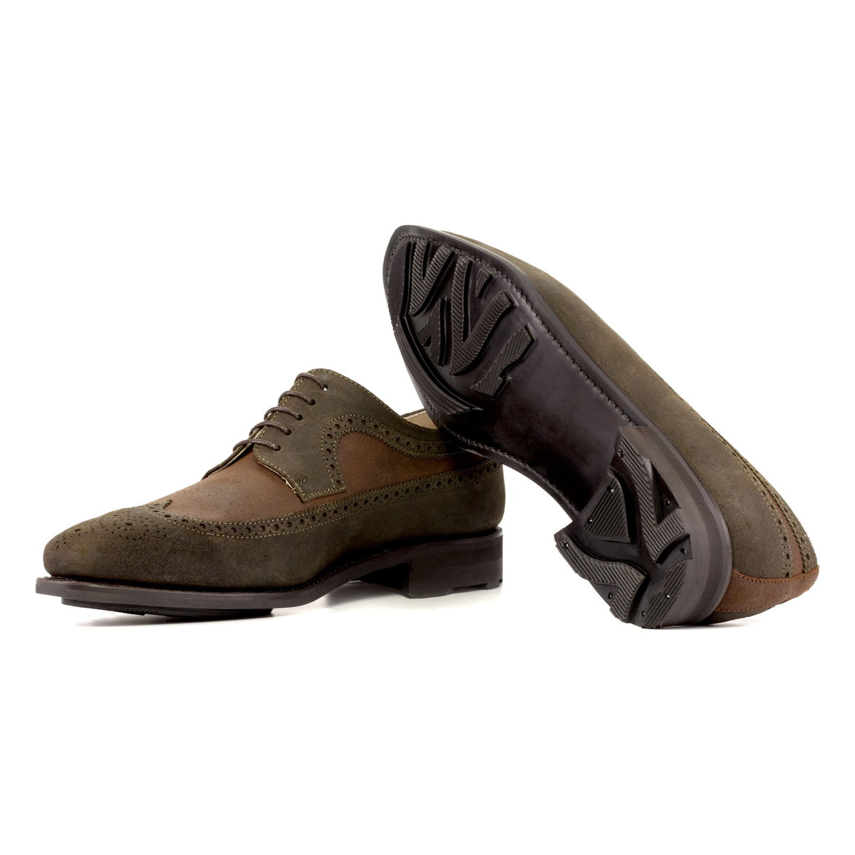 Derby Brogue fleuri en daim gras vert et marron - Semelles Rocky Commando – vue 2