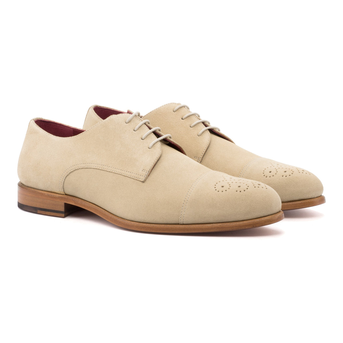 Derby bout droit fleuri en daim de chevreau beige – vue 1