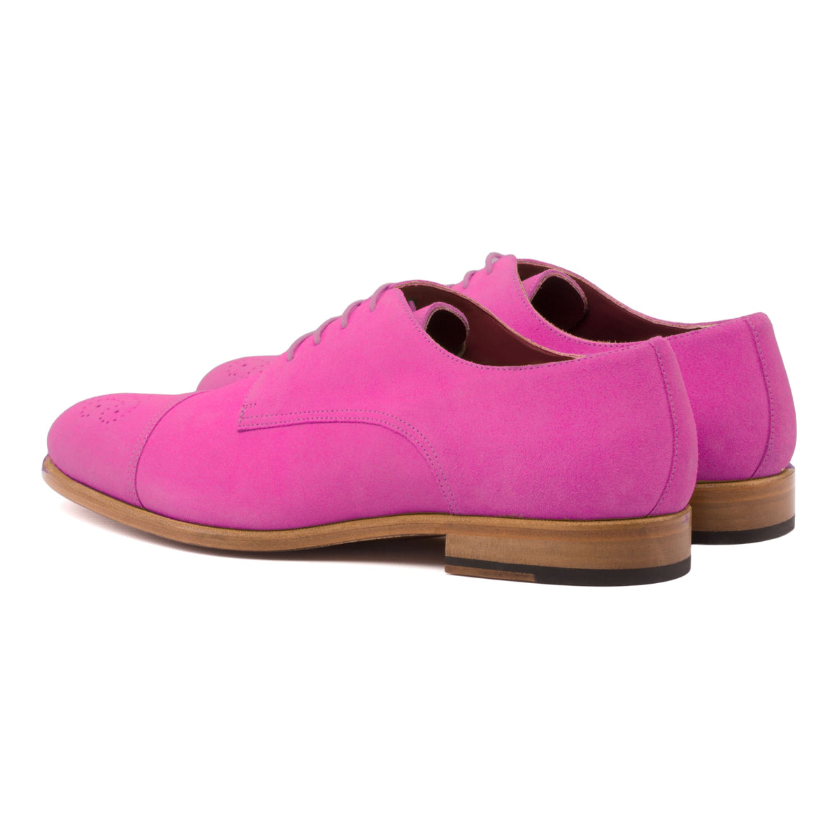 Derby bout droit fleuri en daim de chevreau fuchsia, la paire vue de trois quarts arrière