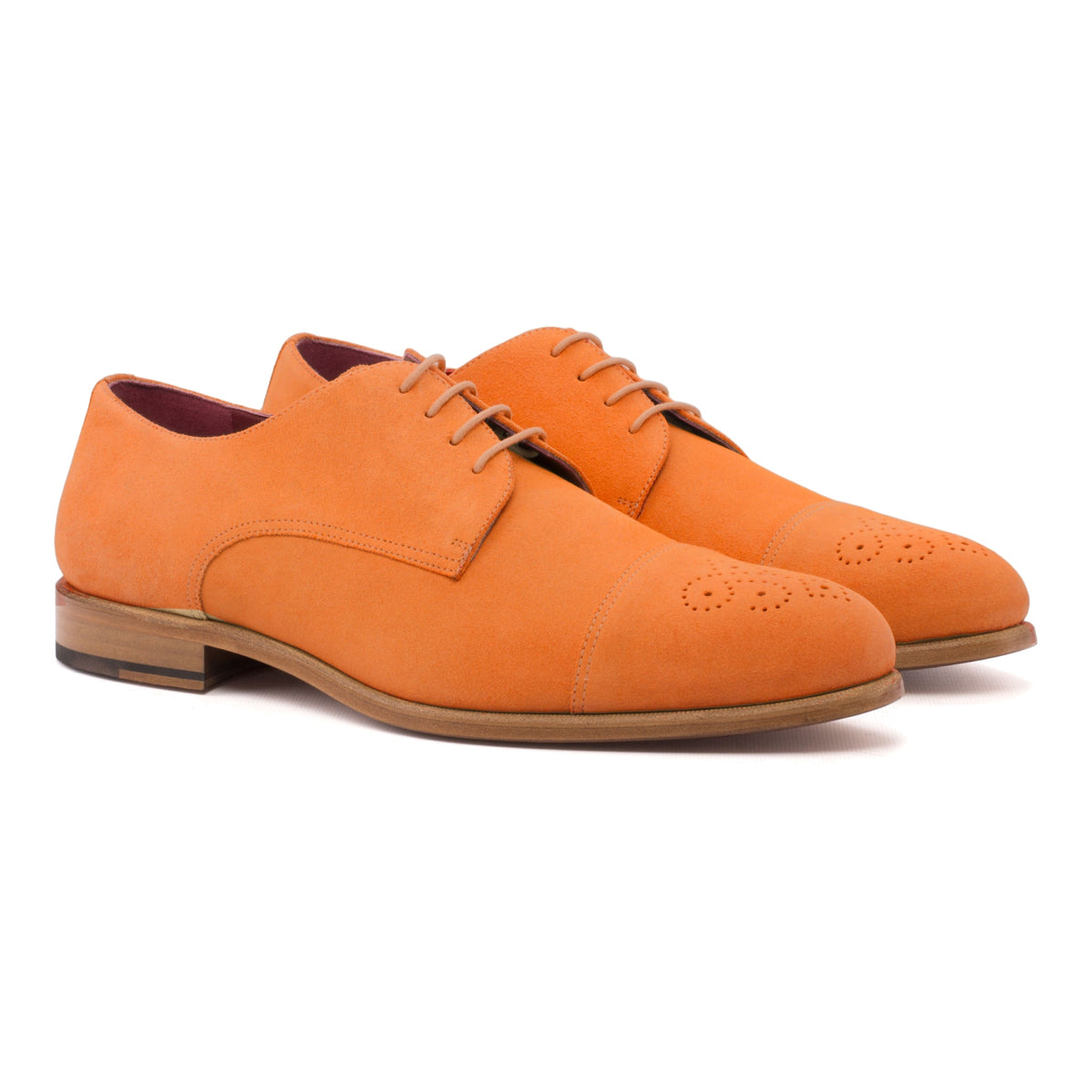 Derby bout droit fleuri en daim de chevreau orange – vue 1