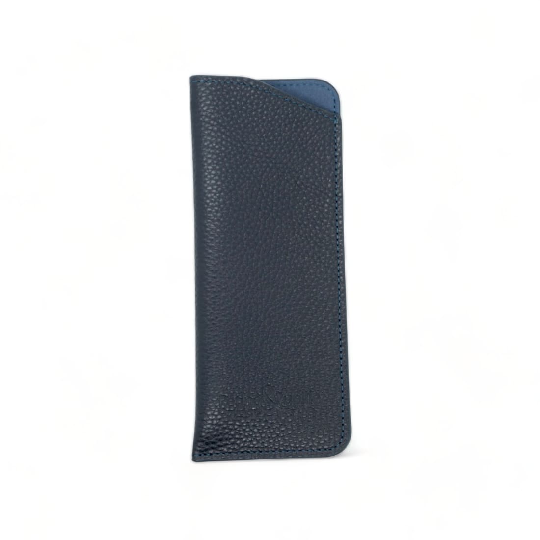 Étui à lunettes en cuir grainé bleu marine, petit format pour lunettes de vue, vu de face