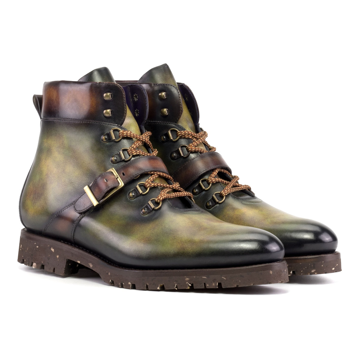Hiking Boots en cuir patiné vert et marron - Semelles Commando Recyclées Vibram® – vue 1