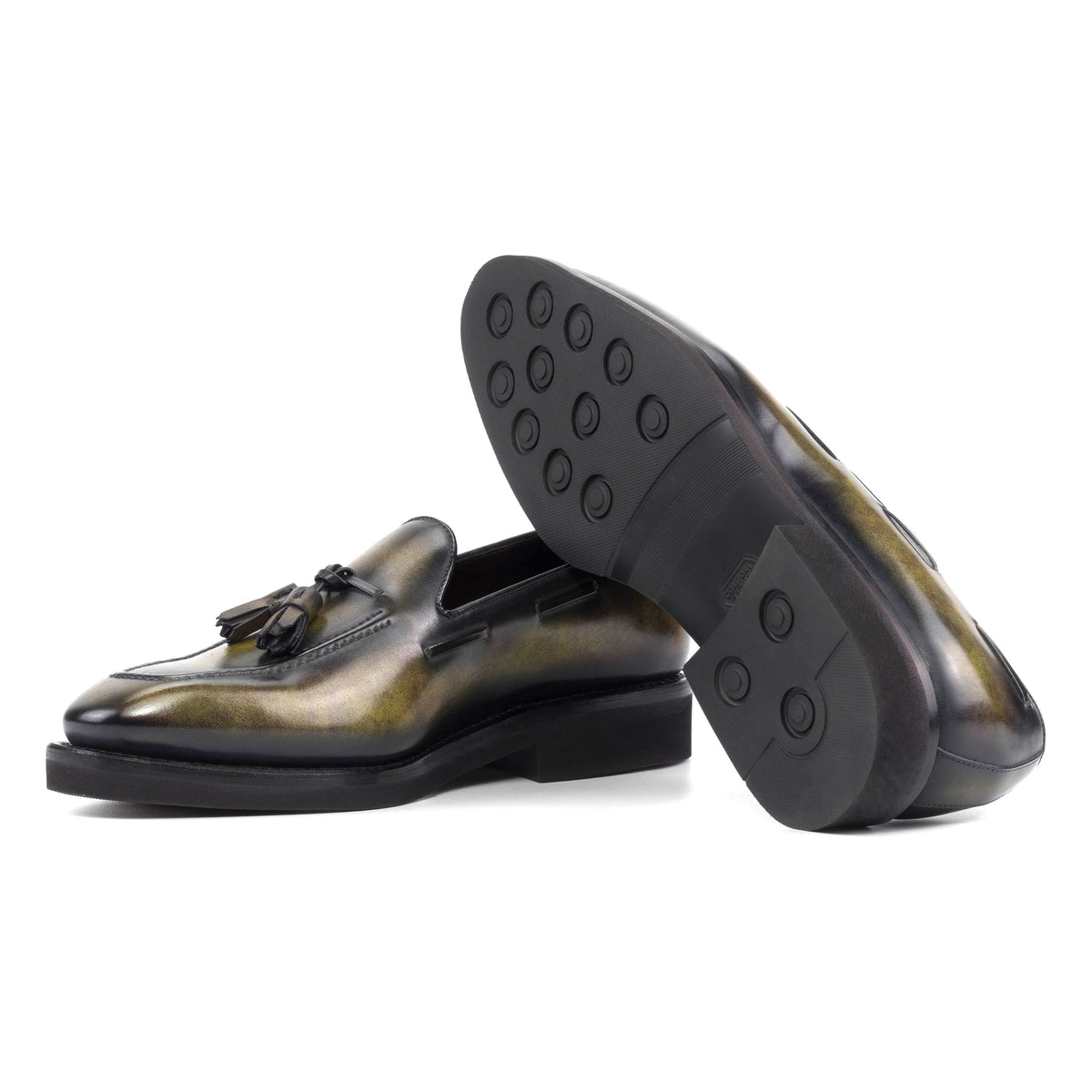 Mocassin à glands en cuir patiné vert - Semelles Caoutchouc – vue 2