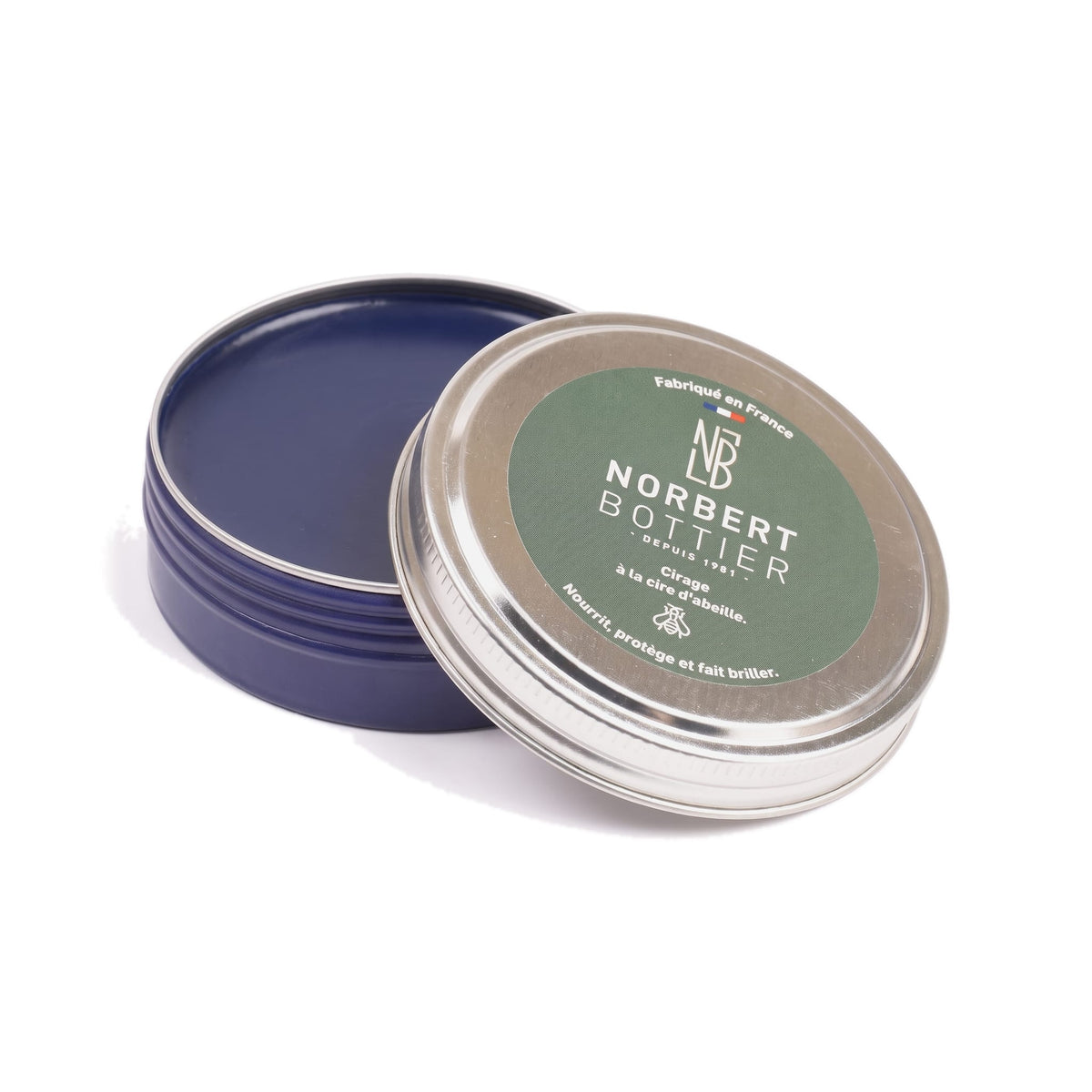 Pâte de cirage bleu marine 50 ml Norbert Bottier, boîte métal de 50 ml, ouvert