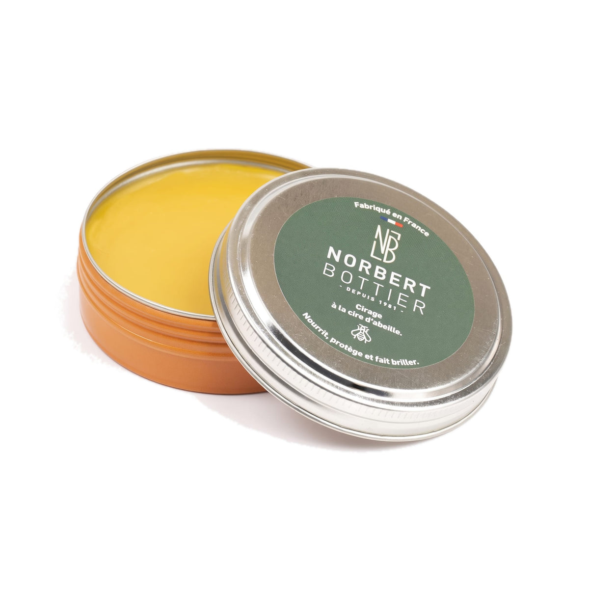 Pâte de cirage jaune cire 50 ml Norbert Bottier, boîte métal de 50 ml, ouvert