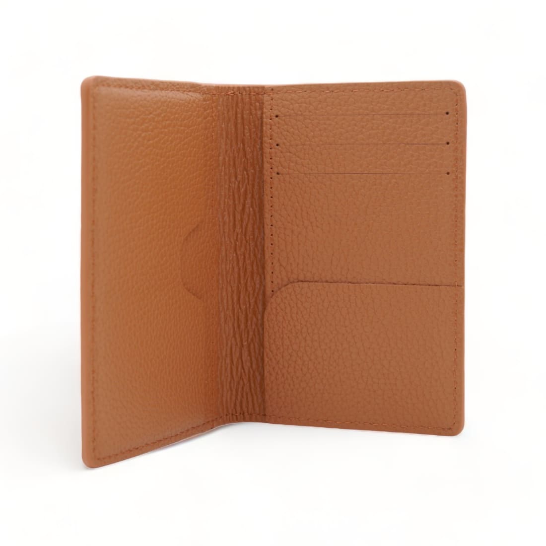 Portefeuille vertical en cuir grainé gold entrouvert, intérieur en cuir grainé