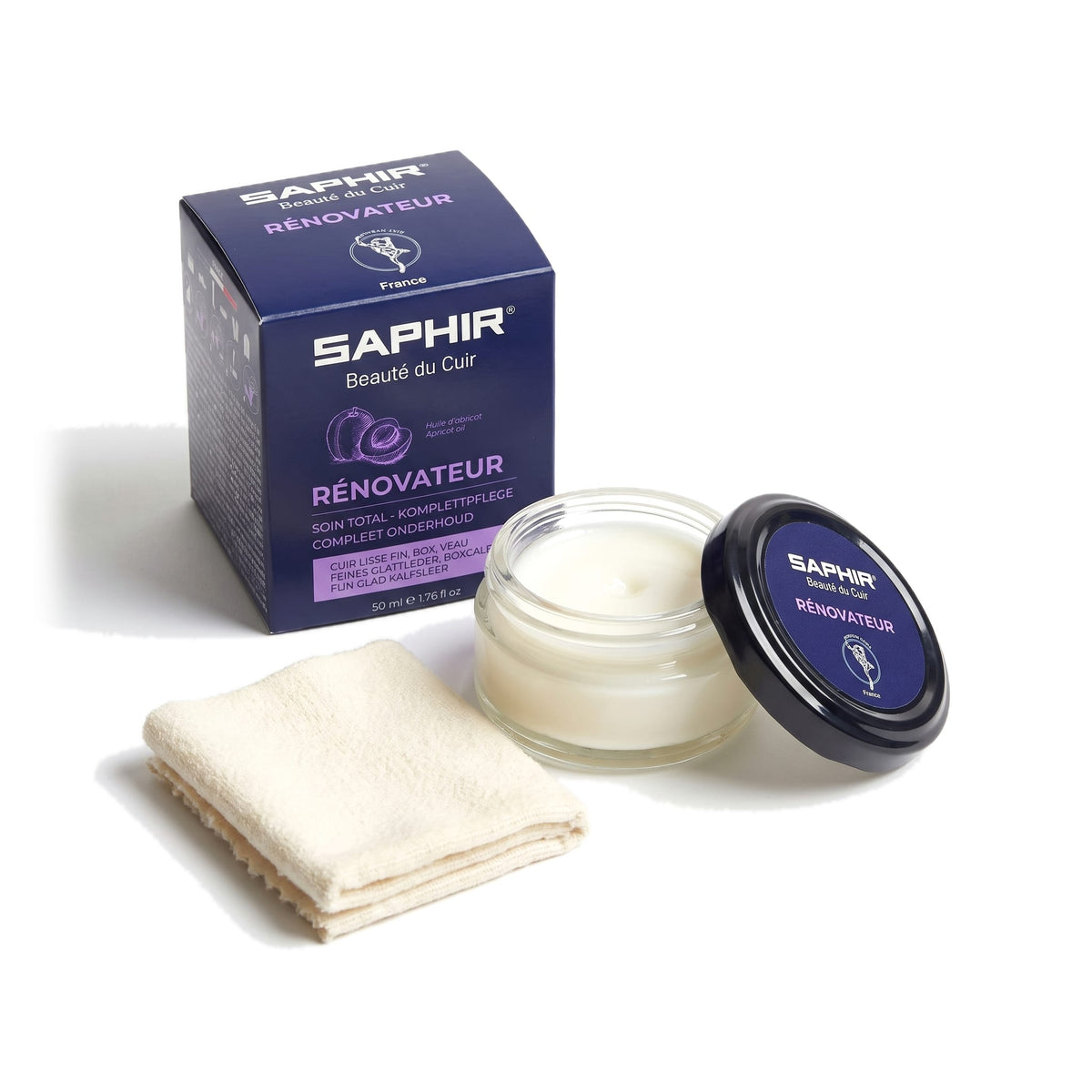 Rénovateur Saphir, pot ouvert avec sa chamoisine