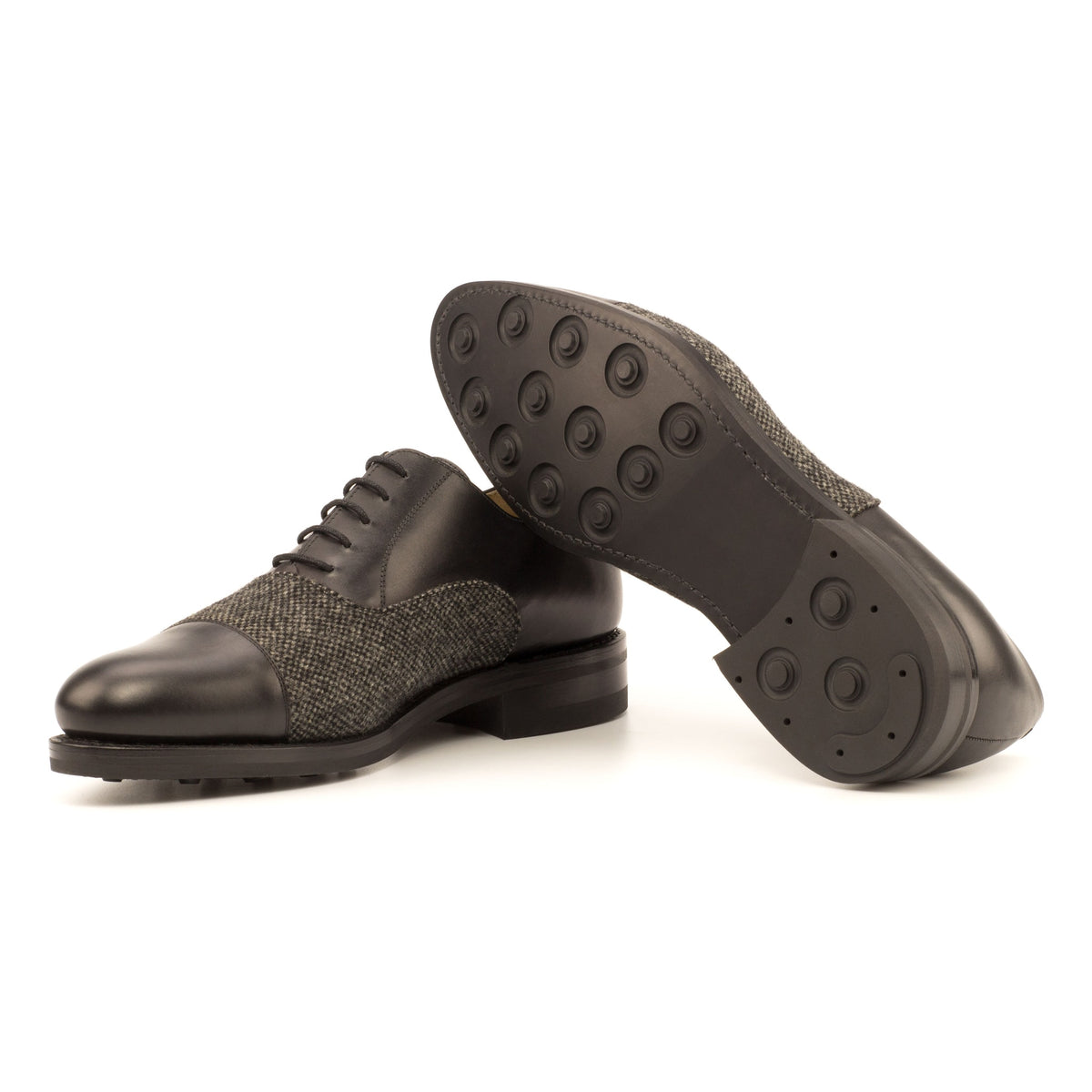 Richelieu bout droit en cuir noir et toile grise – vue 2
