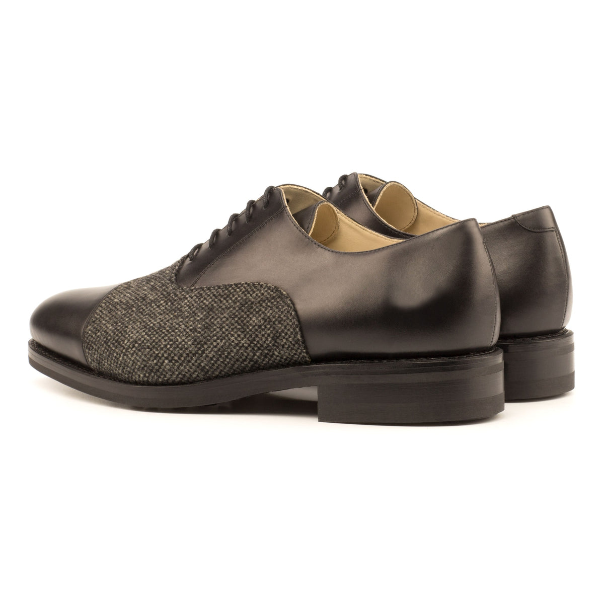 Richelieu bout droit en cuir noir et toile grise – vue 3