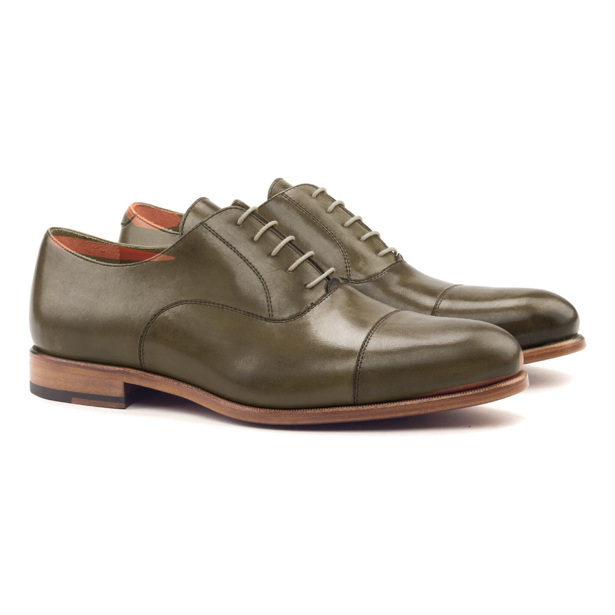 Richelieu bout droit en cuir teinté main vert olive – vue 1
