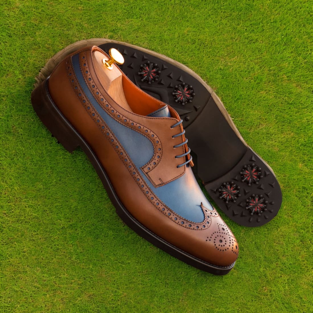 Richelieu brogue de golf en cuir gold et bleu - Chaussures