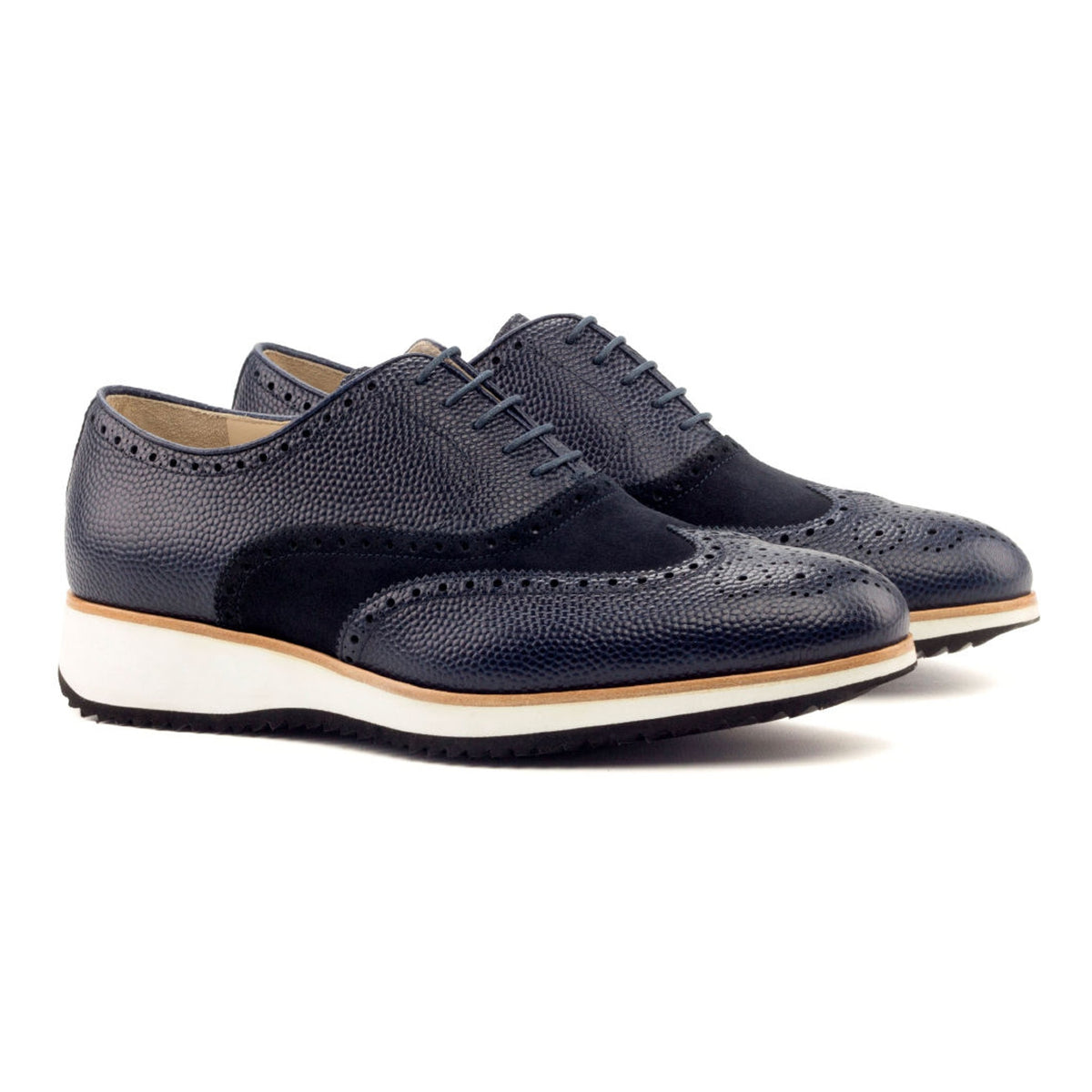 Richelieu fleuri en cuir et daim bleu marine - Semelles sport – vue 1
