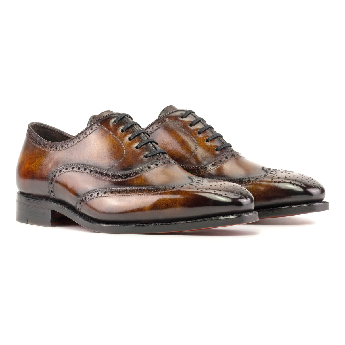 Richelieu fleuri en cuir patiné marron et cognac – vue 1