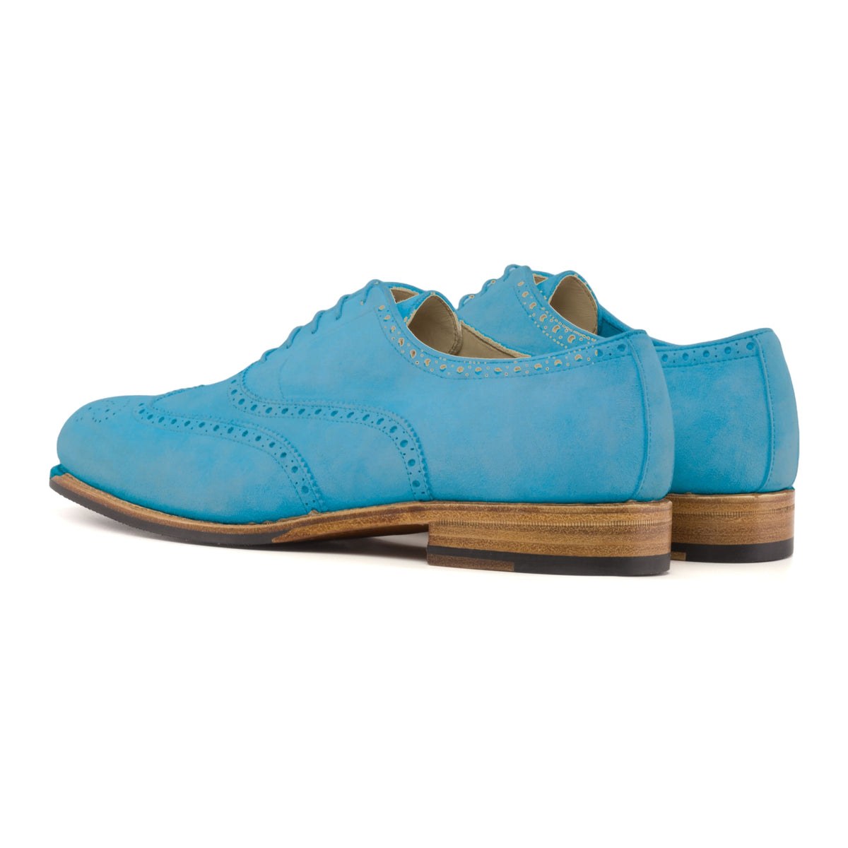 Richelieu fleuri en daim de chevreau turquoise, la paire vue de trois quarts arrière