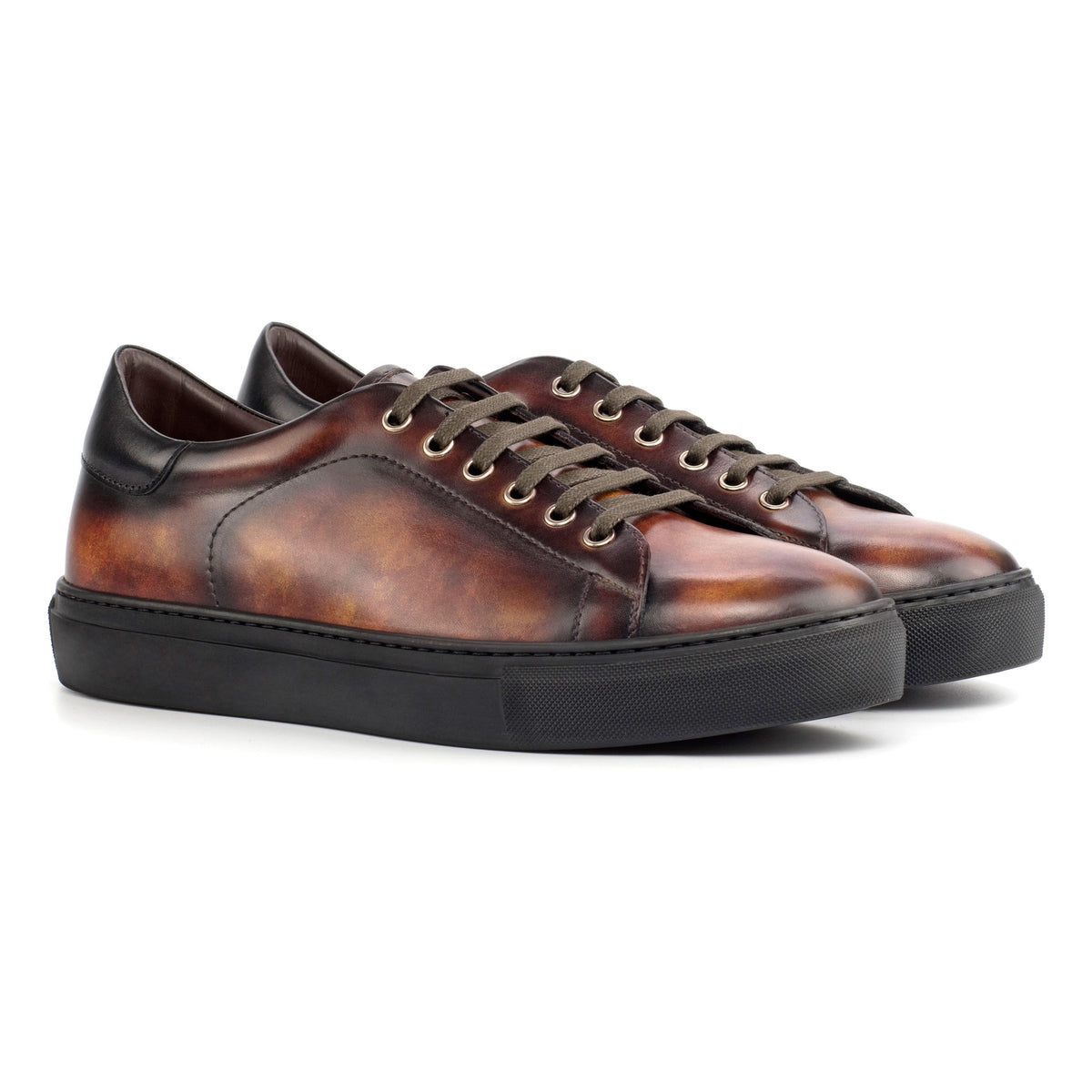 Sneakers Jersey en cuir patiné cognac - Semelles Noires – vue 1