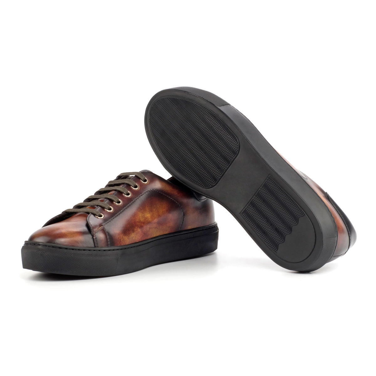 Sneakers Jersey en cuir patiné cognac - Semelles Noires – vue 2