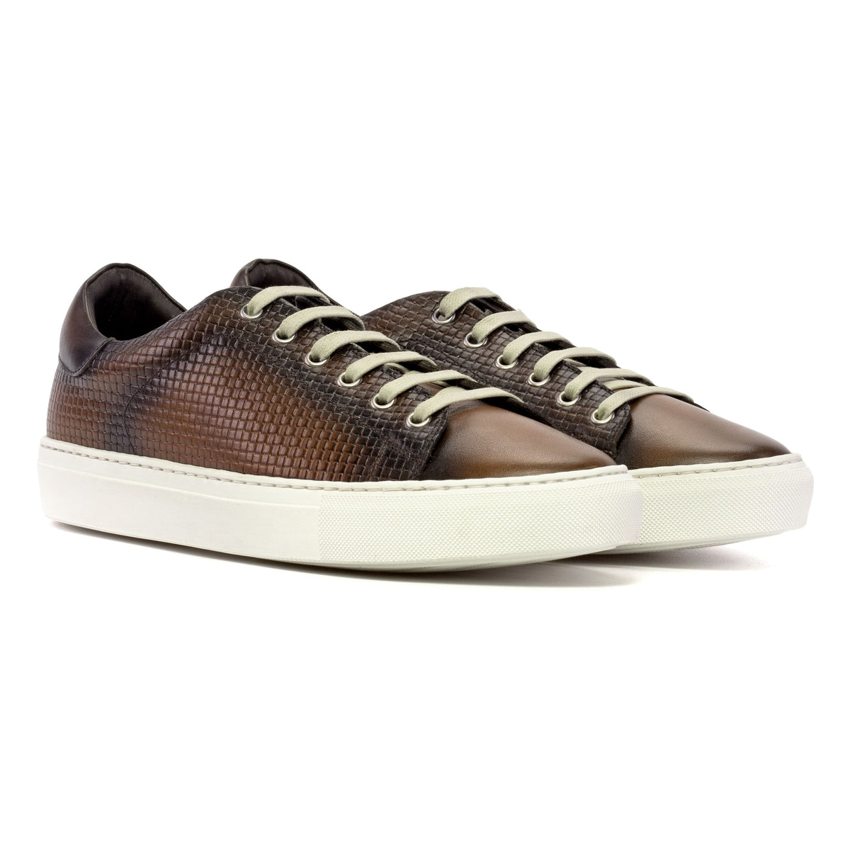 Sneakers Jersey en cuir tressé marron - Semelles Blanches – vue 1
