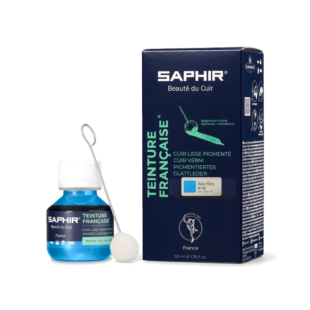 Teinture Française Saphir Base Bleu, flacon en verre avec bâtonnet applicateur et étui de 50 ml