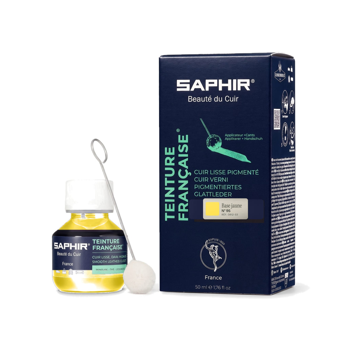 Teinture Française Saphir Base jaune, flacon en verre avec bâtonnet applicateur et étui de 50 ml