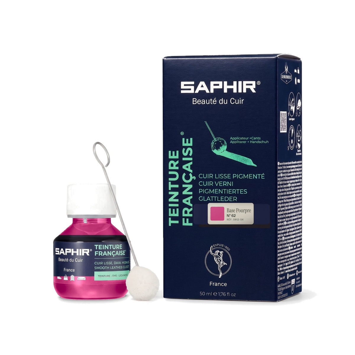 Teinture Française Saphir Base Pourpre, flacon en verre avec bâtonnet applicateur et étui de 50 ml