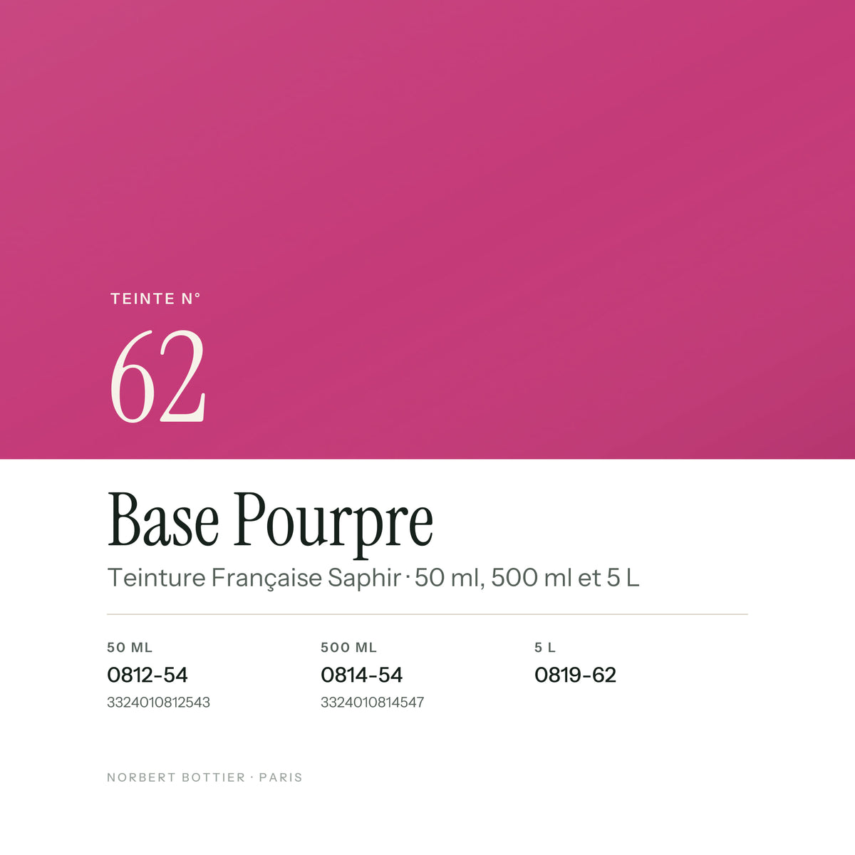 Teinte Base Pourpre n° 62 de la Teinture Française Saphir, réf. 0812-54 / 0814-54 / 0819-62