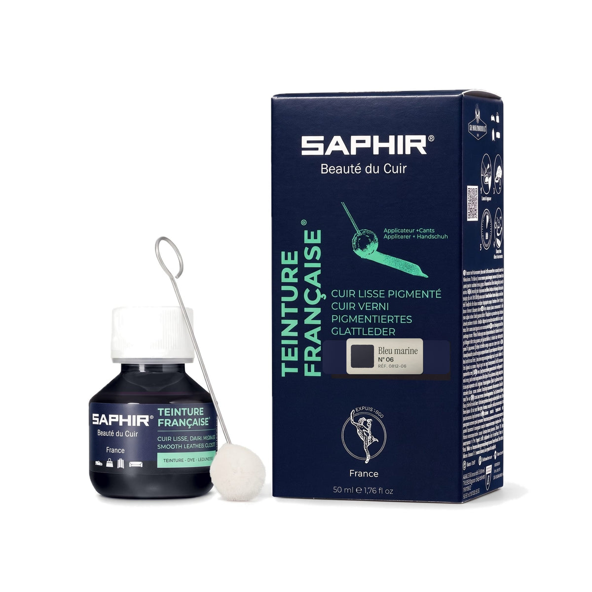 Teinture Française Saphir Bleu marine, flacon en verre avec bâtonnet applicateur et étui de 50 ml