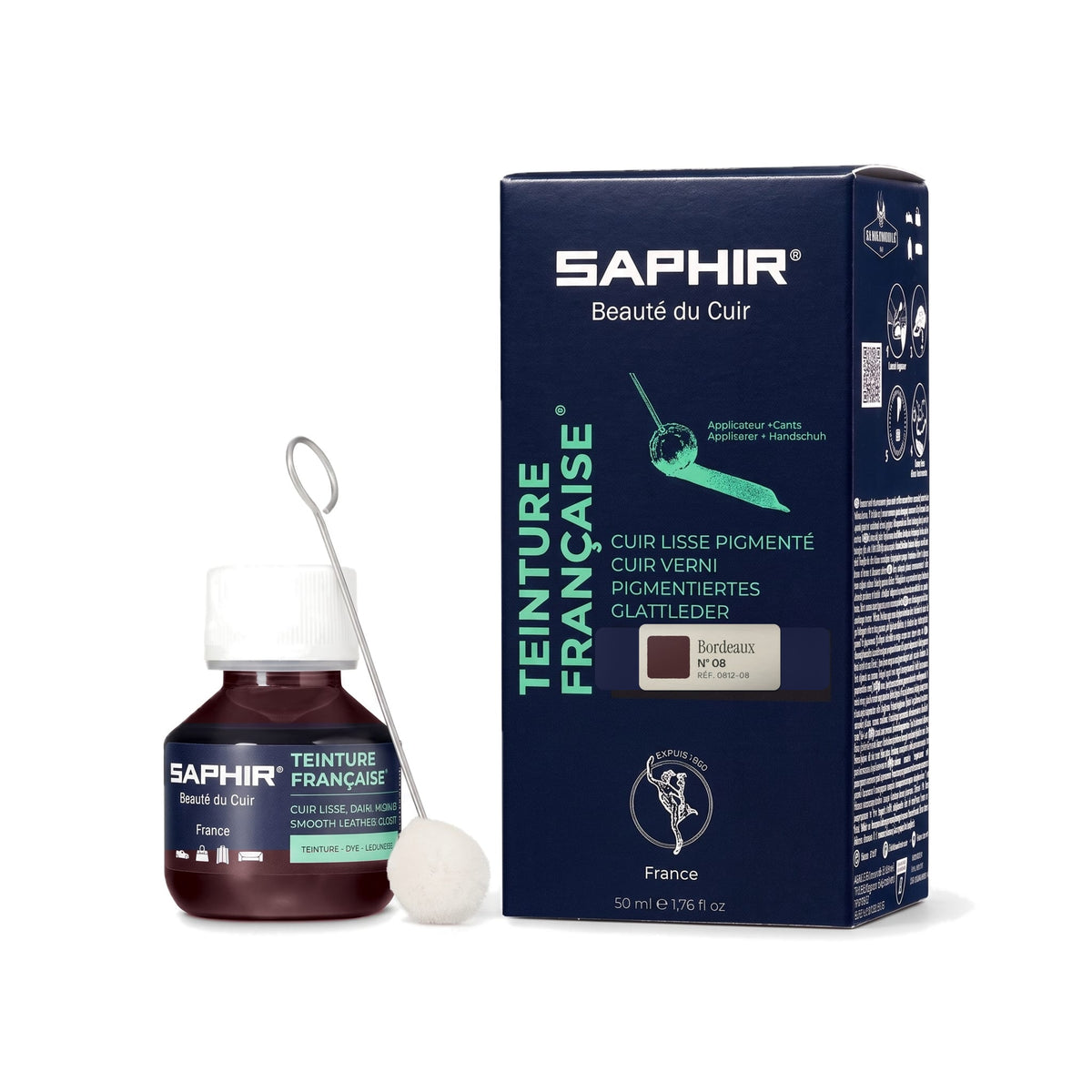 Teinture Française Saphir Bordeaux, flacon en verre avec bâtonnet applicateur et étui de 50 ml