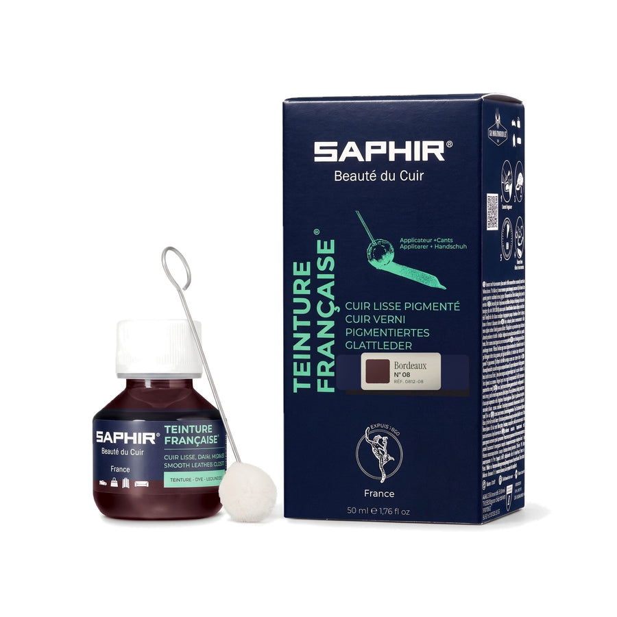 Teinture Française Saphir Bordeaux, flacon en verre avec bâtonnet applicateur et étui de 50 ml
