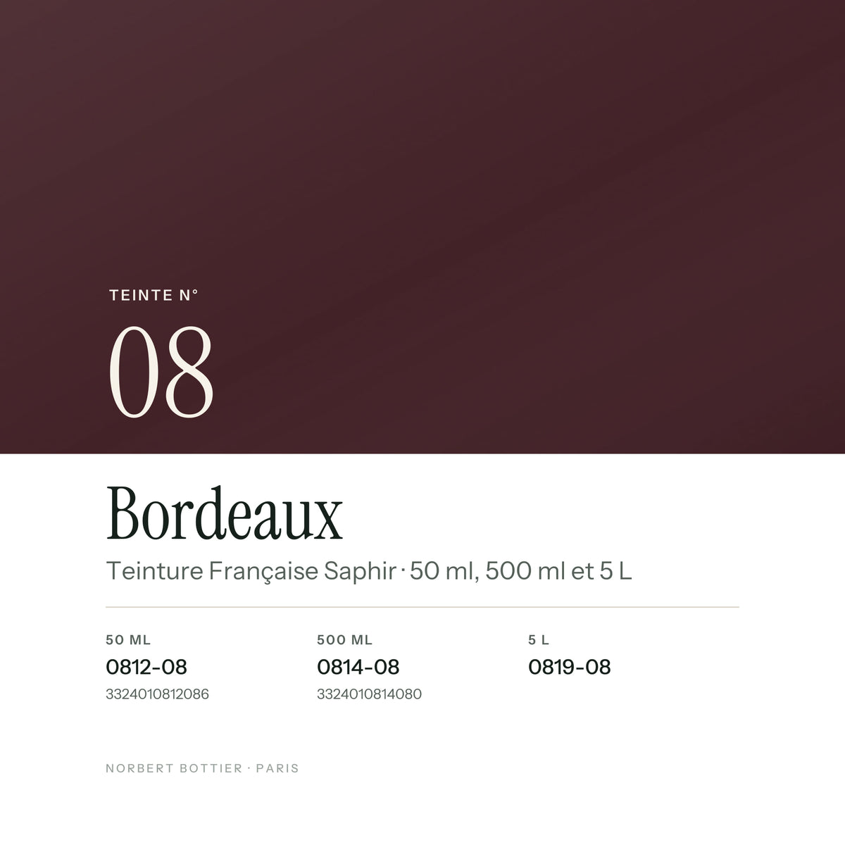 Teinte Bordeaux n° 08 de la Teinture Française Saphir, réf. 0812-08 / 0814-08 / 0819-08