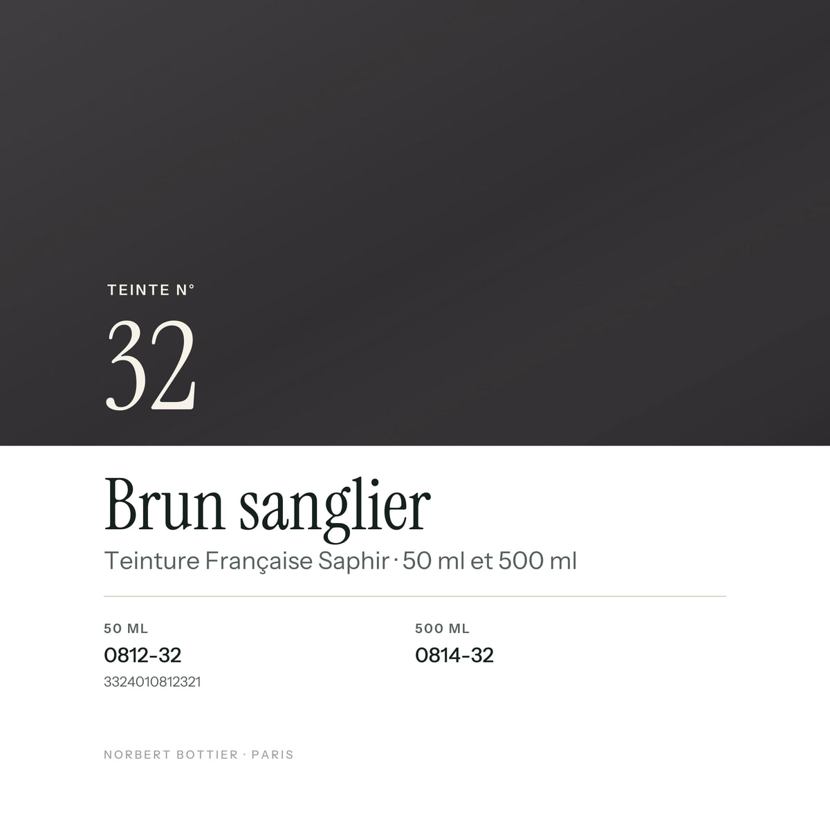 Teinte Brun sanglier n° 32 de la Teinture Française Saphir, réf. 0812-32 / 0814-32
