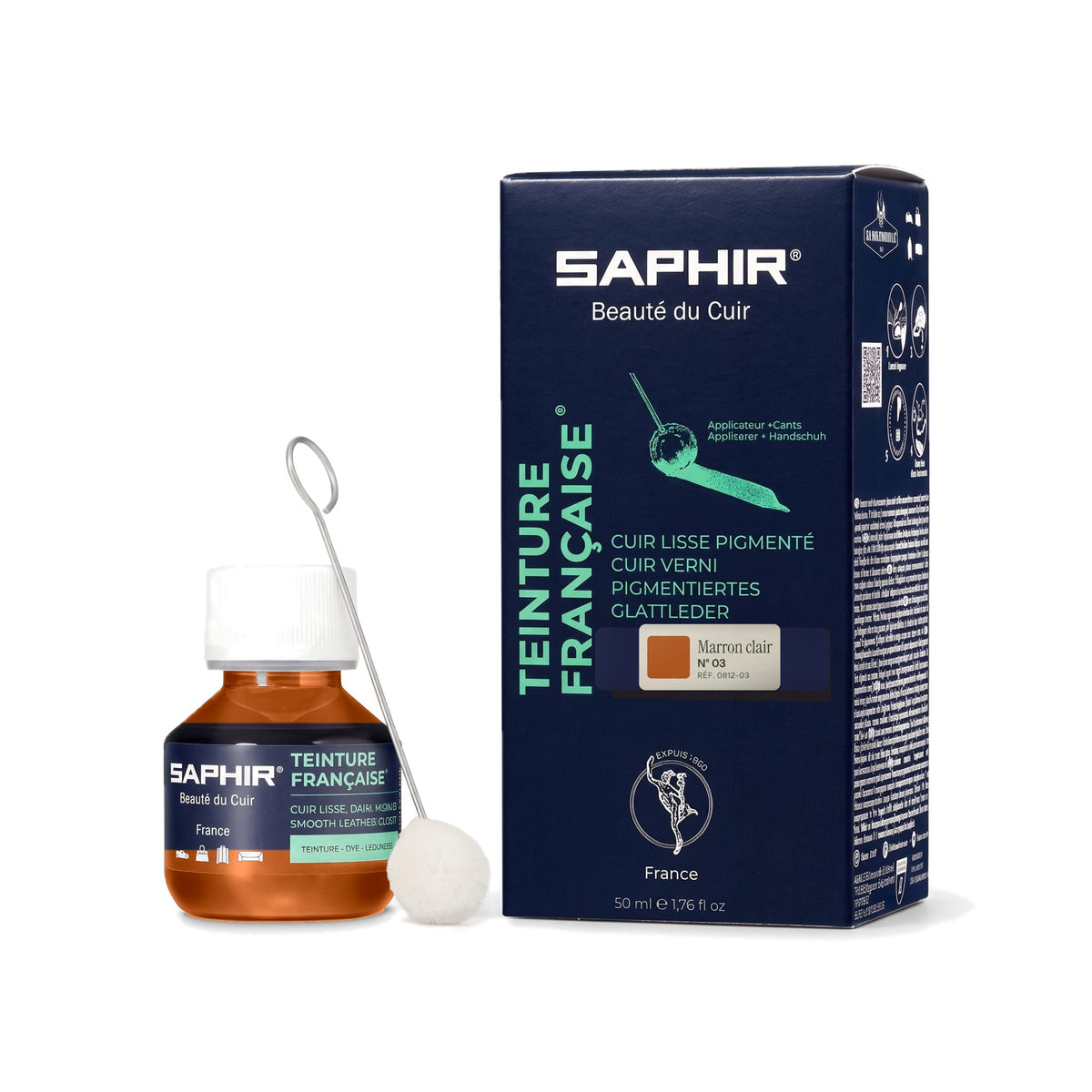 Teinture Française Saphir Marron clair, flacon en verre avec bâtonnet applicateur et étui de 50 ml