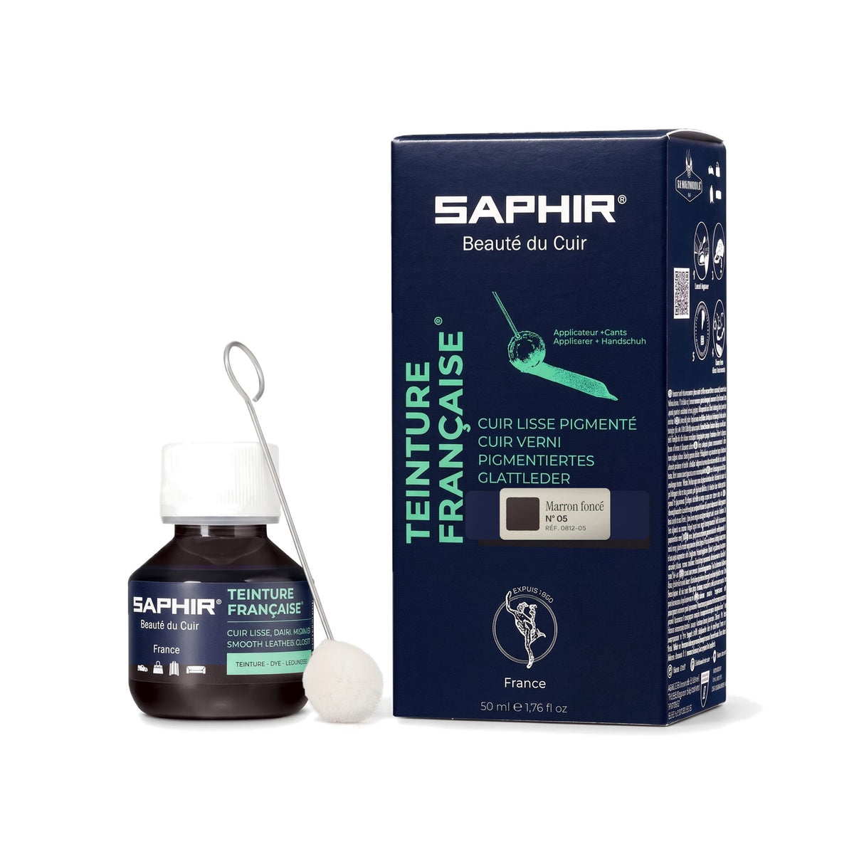 Teinture Française Saphir Marron foncé, flacon en verre avec bâtonnet applicateur et étui de 50 ml