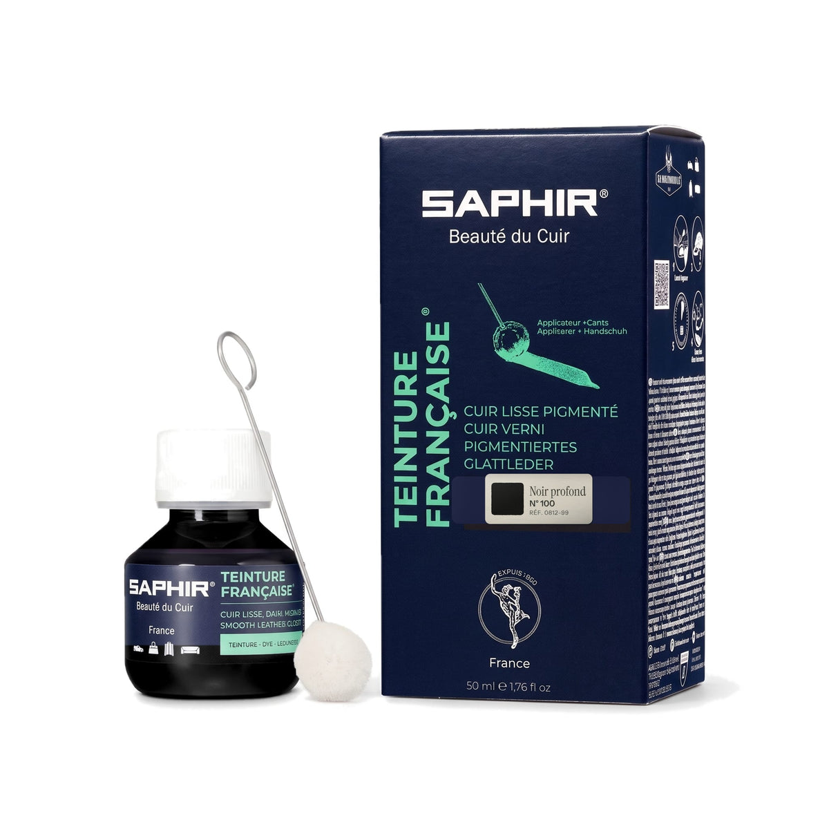 Teinture Française Saphir Noir profond, flacon en verre avec bâtonnet applicateur et étui de 50 ml