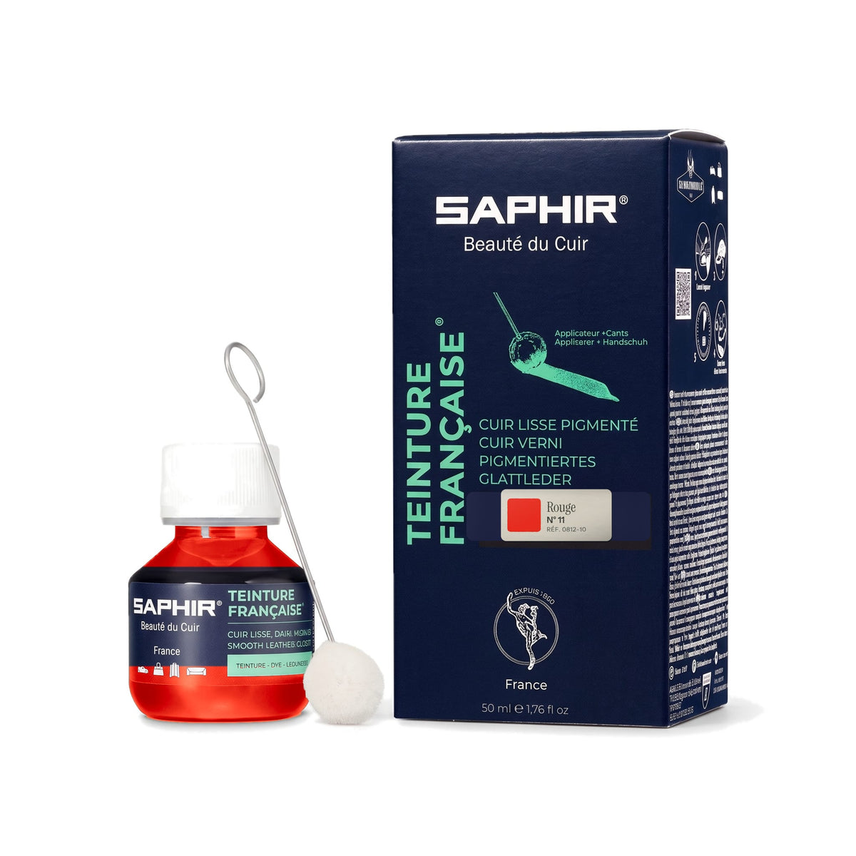Teinture Française Saphir Rouge, flacon en verre avec bâtonnet applicateur et étui de 50 ml