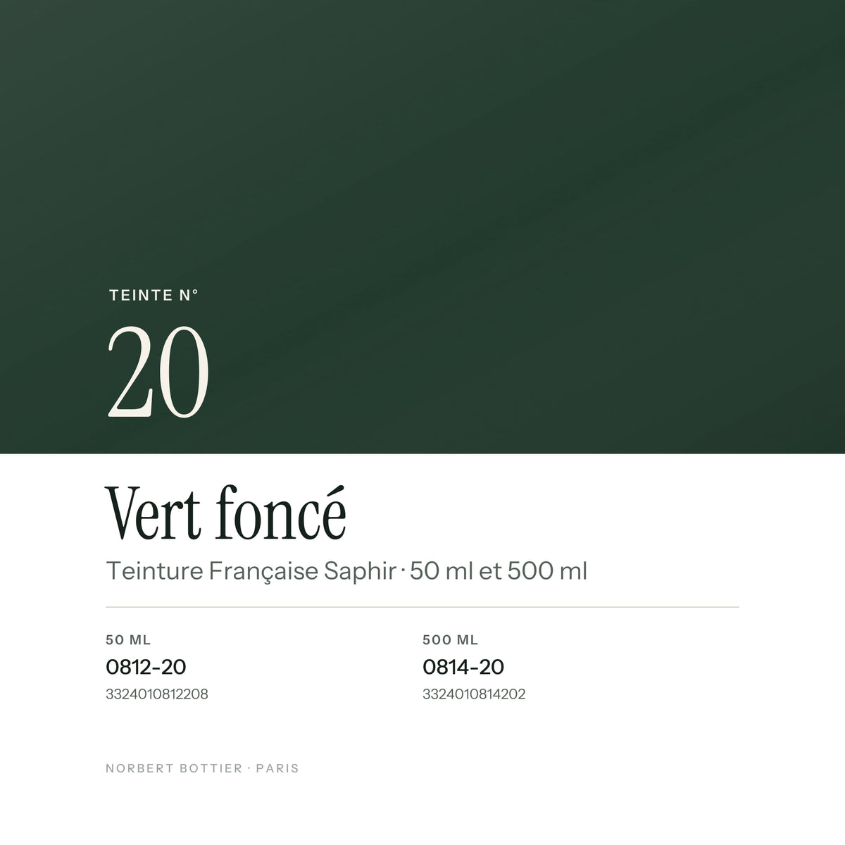 Teinte Vert foncé n° 20 de la Teinture Française Saphir, réf. 0812-20 / 0814-20